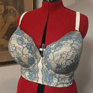 Torrid Blue and Cream Lace Bra Longline Wired Plunge Push-up 42H